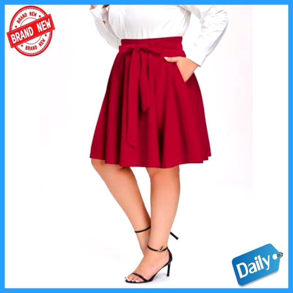 Plus Size Midi Skater Skirt High Waist A-Line Stretchy Flared with Pockets - Picture 5 of 7